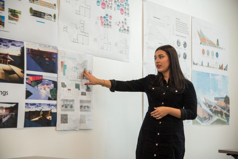 Design instructor in front of a white board pointing to posters on display Student Giving Presentation