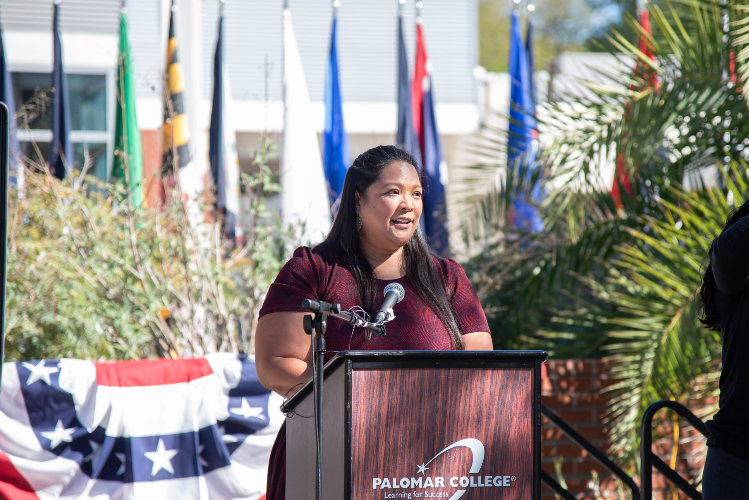 Speaker standing at podium with flags in the background
