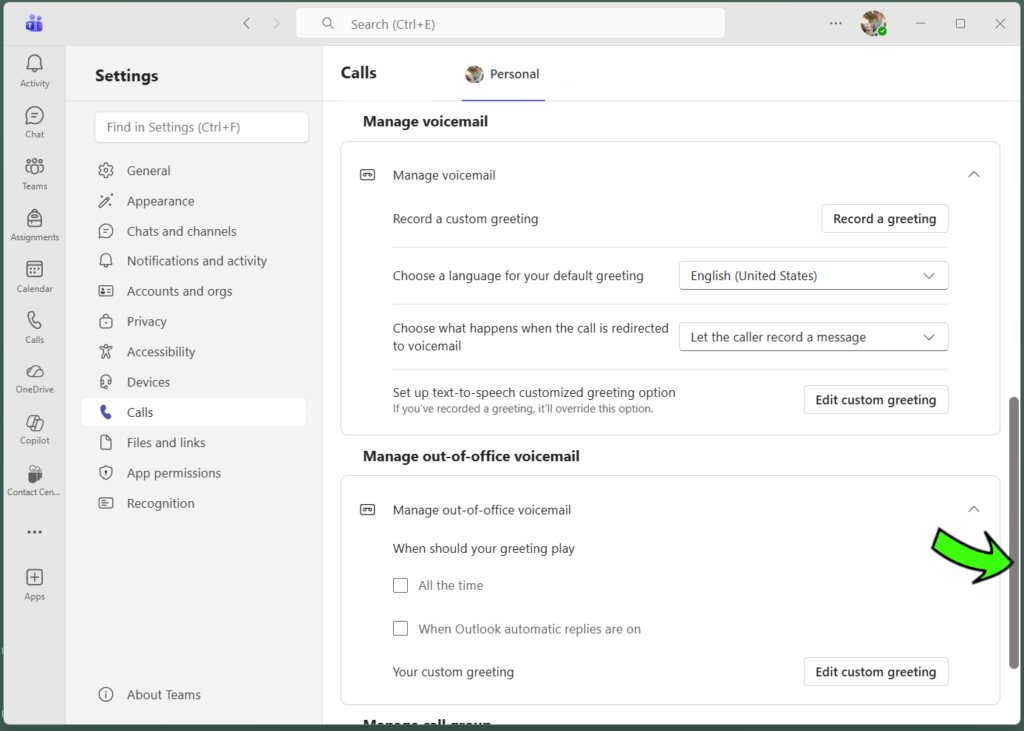 An image of the Teams calls setting showing the area you would use to change your voicemail settings.