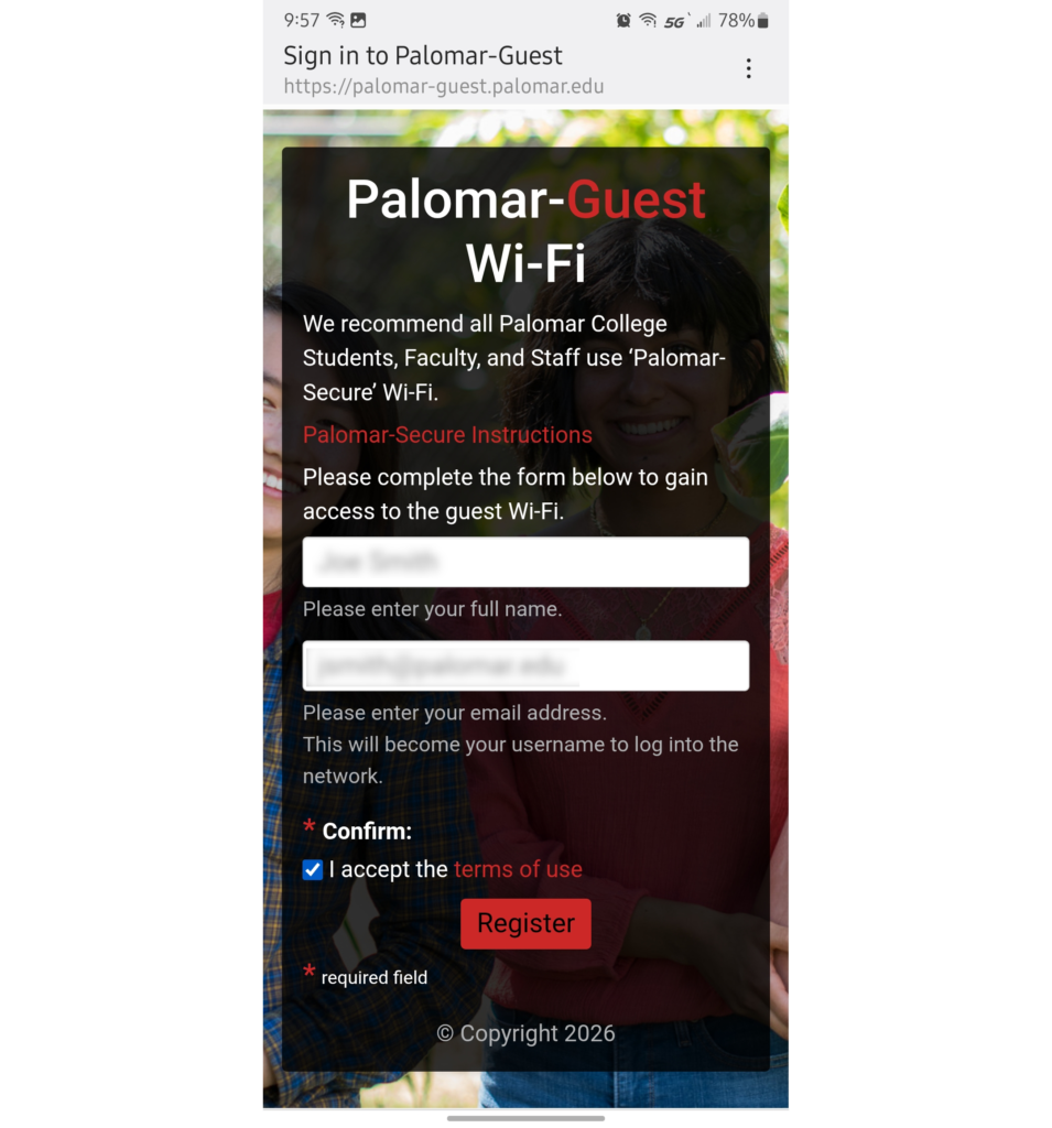 Example screen capture of Palomar’s captive portal.