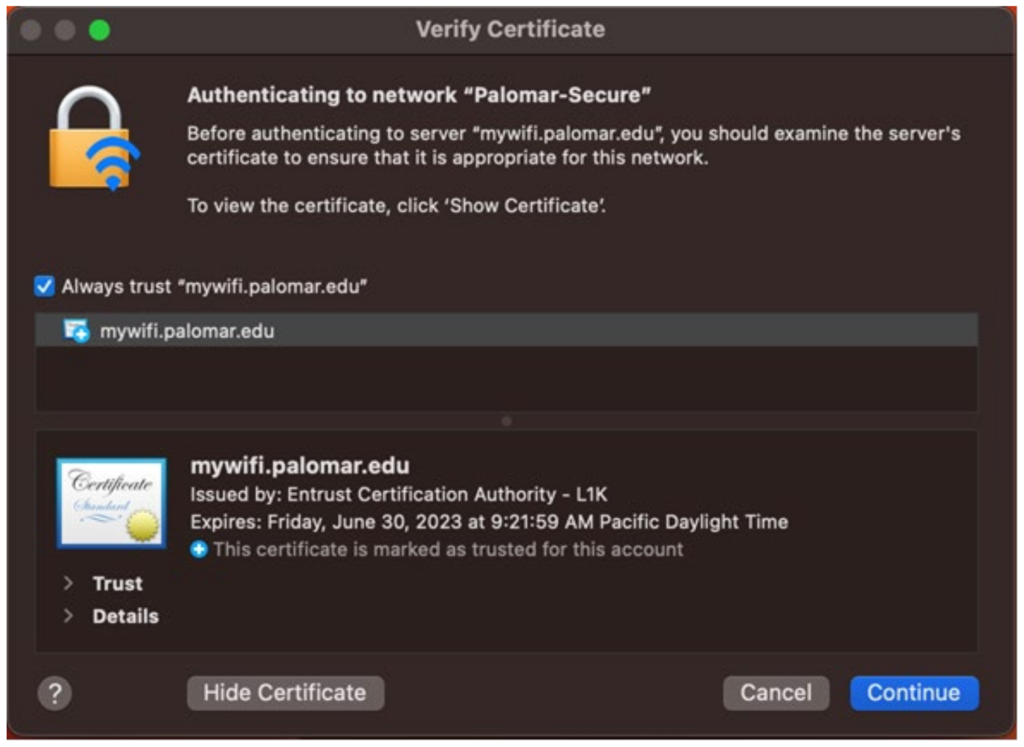 A sample screen capture from an Apple device showing the verify certificates screen.