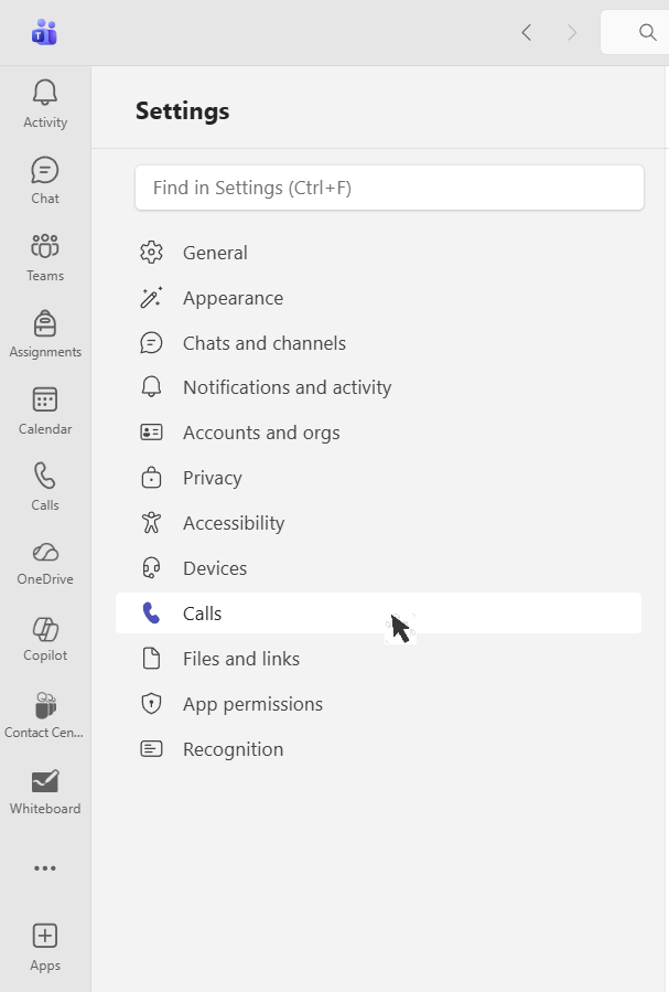 An image of the Teams settings window showing the 'Calls' menu highlighted.