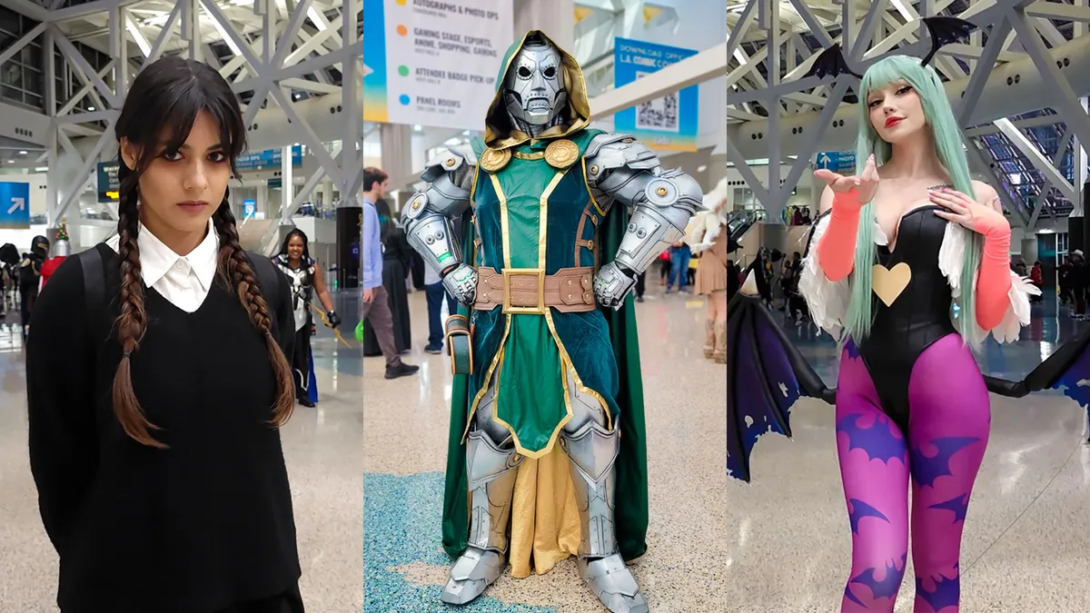 Three cosplayers from left to right: a cosplayer as Wednesday Addams, a cosplayer as Dr. Doom, and a cosplayer as Morrigan. 