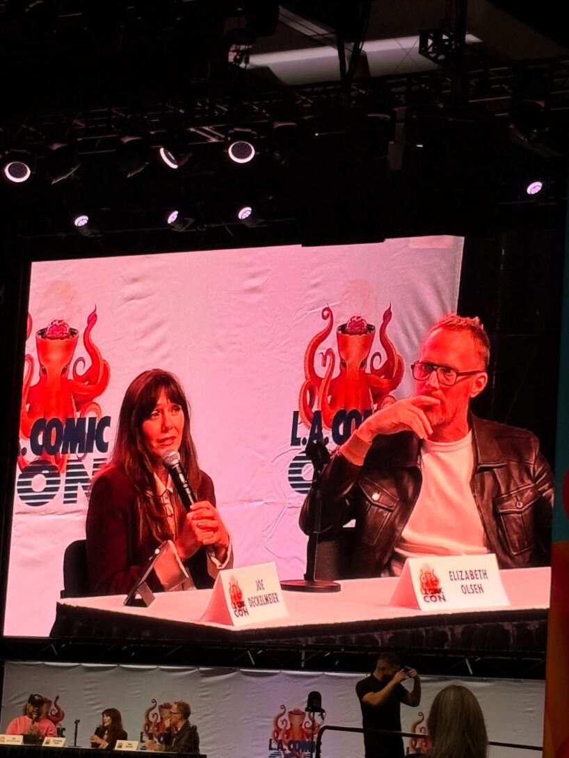 Actors Elizabeth Olsen and Paul Bettany at a panel at Los Angeles Comic Con