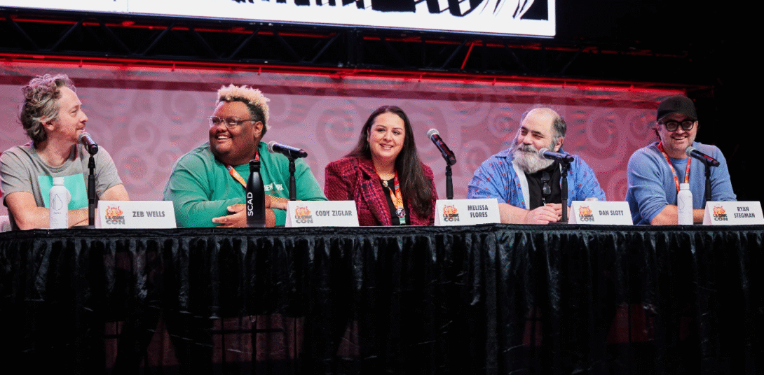 Panel of comic writers and artists from left to right Zeb Wells, Cody Ziglar, Malina Flores, San Scott, and Kevin Spraughn