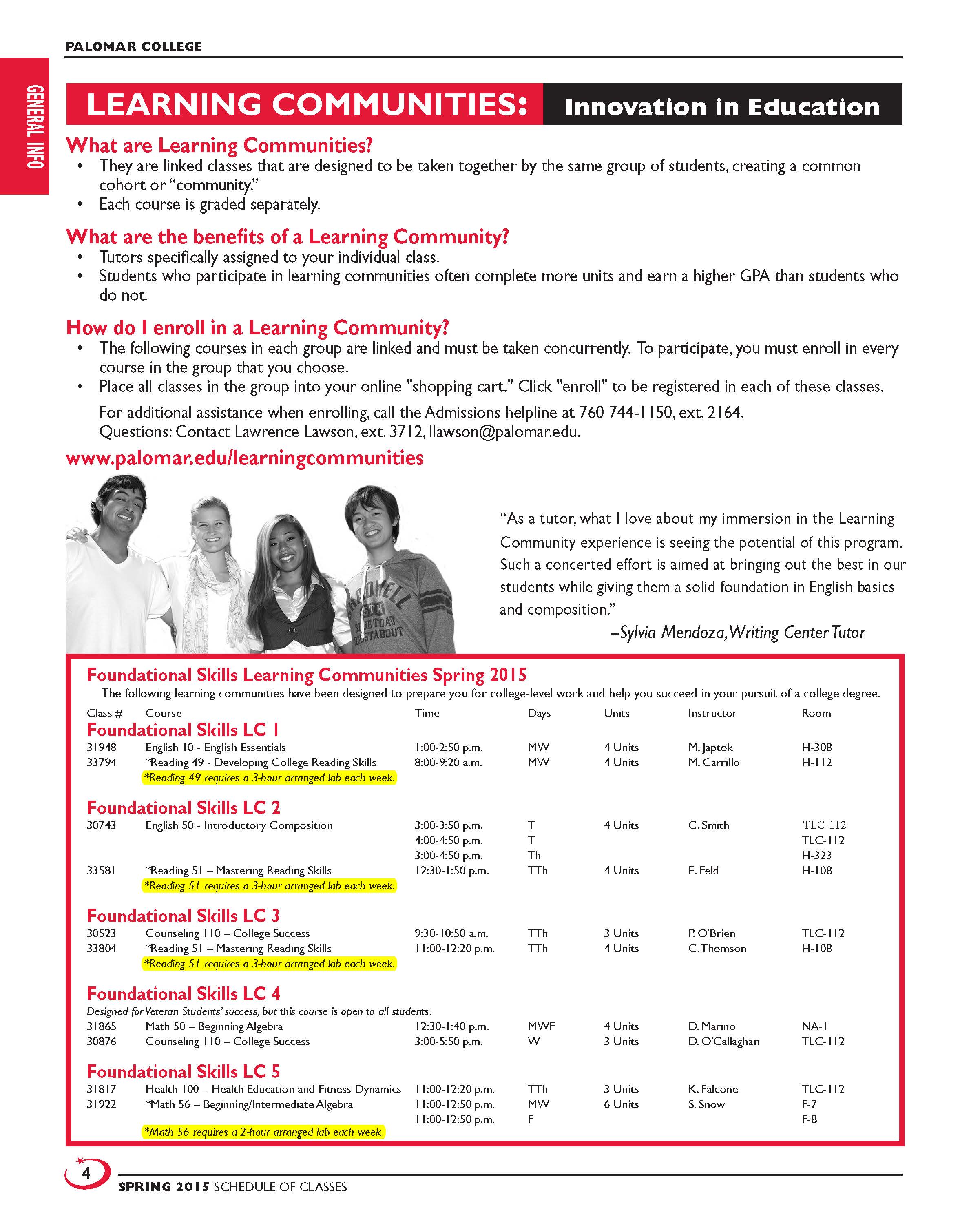 Spring 2015 Schedule Palomar College Learning Communities