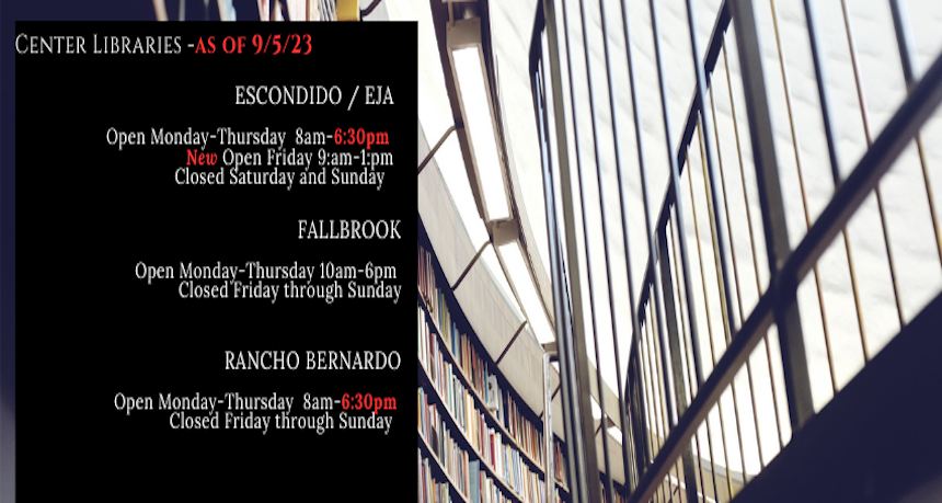 Fall 2023 Center Library Hours graphic