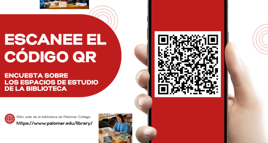 Text in Spanish - Scan the QR Code for the Student Survey on Study Spaces