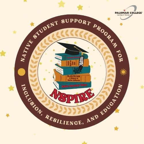 Circular logo for the Native Students Program for Inclusion, Resilience, and Education (NSPIRE) at Palomar College. The center features a stack of books with titles related to Native American culture, topped with a graduation cap and an attached eagle feather. The surrounding circle includes decorative leaves and stars, with the Palomar College logo in the top right