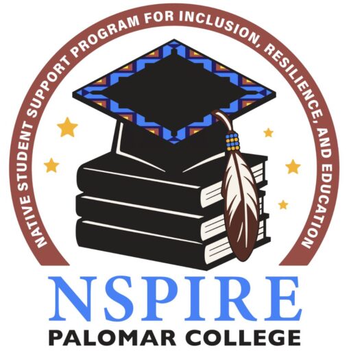 Logo for the NSPIRE Program at Palomar College. It features a stack of black books topped with a graduation cap beaded in a blue and black Native pattern. A beaded eagle feather hangs from the cap, and the golden stars surround the books. A maroon circular banner reads: "Native Student Support Program for Inclusion, Resilience, and Education." Below, "NSPIRE Palomar College" is written in blue and black text.