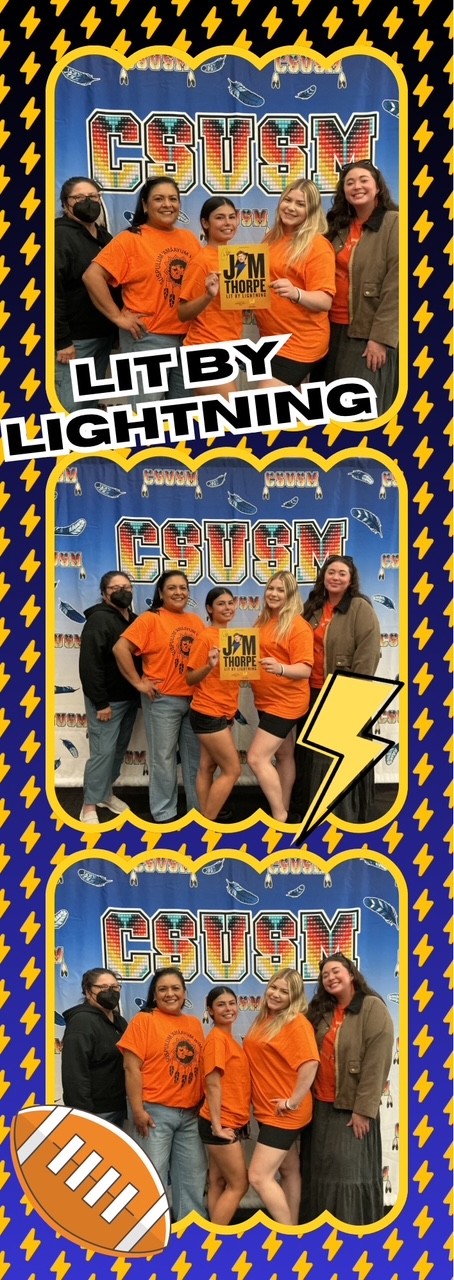 Photo strip with three group shots in front of a CSUSM backdrop, featuring orange shirts, and a "Jim Thorpe" sign with lightning graphics.