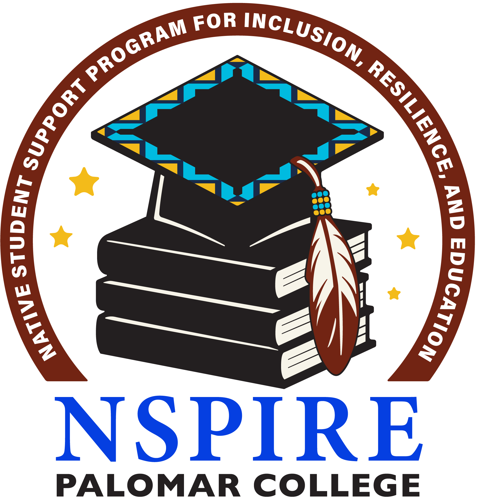 Vertical color design showing emblem with caps, books, and eagle feather above text.