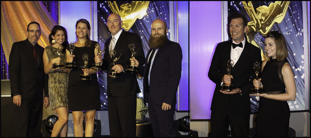Digital Arts Broadcast Students and faculty holding awards at the Emmy's