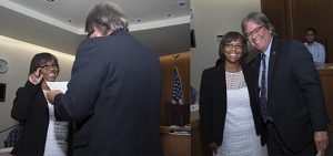 Dr. Joi Lin Blake being sworn in as Palomar College’s new Superintendent/President by Governing Board President Mark Evilsizer