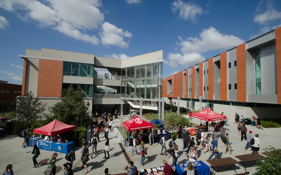 Students walking through a busy campus