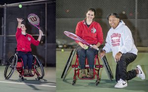 Tennis player Marissa Medina in a wheelchair and holding a tennis racket
