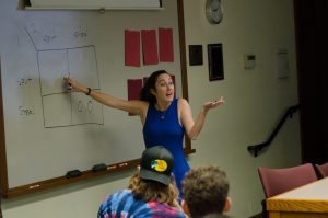Female speaker pointing to a whiteboard in class
