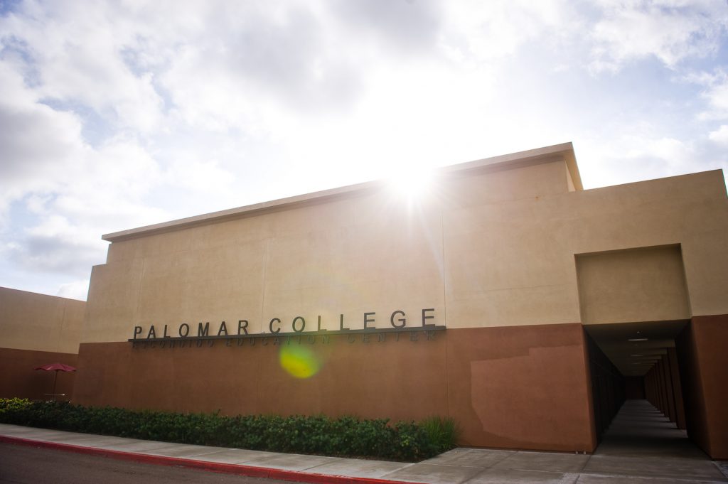Exterior view of the Palomar College building sign at the Escondido Education Center