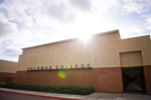 Exterior view of the Palomar College building sign at the Escondido Education Center