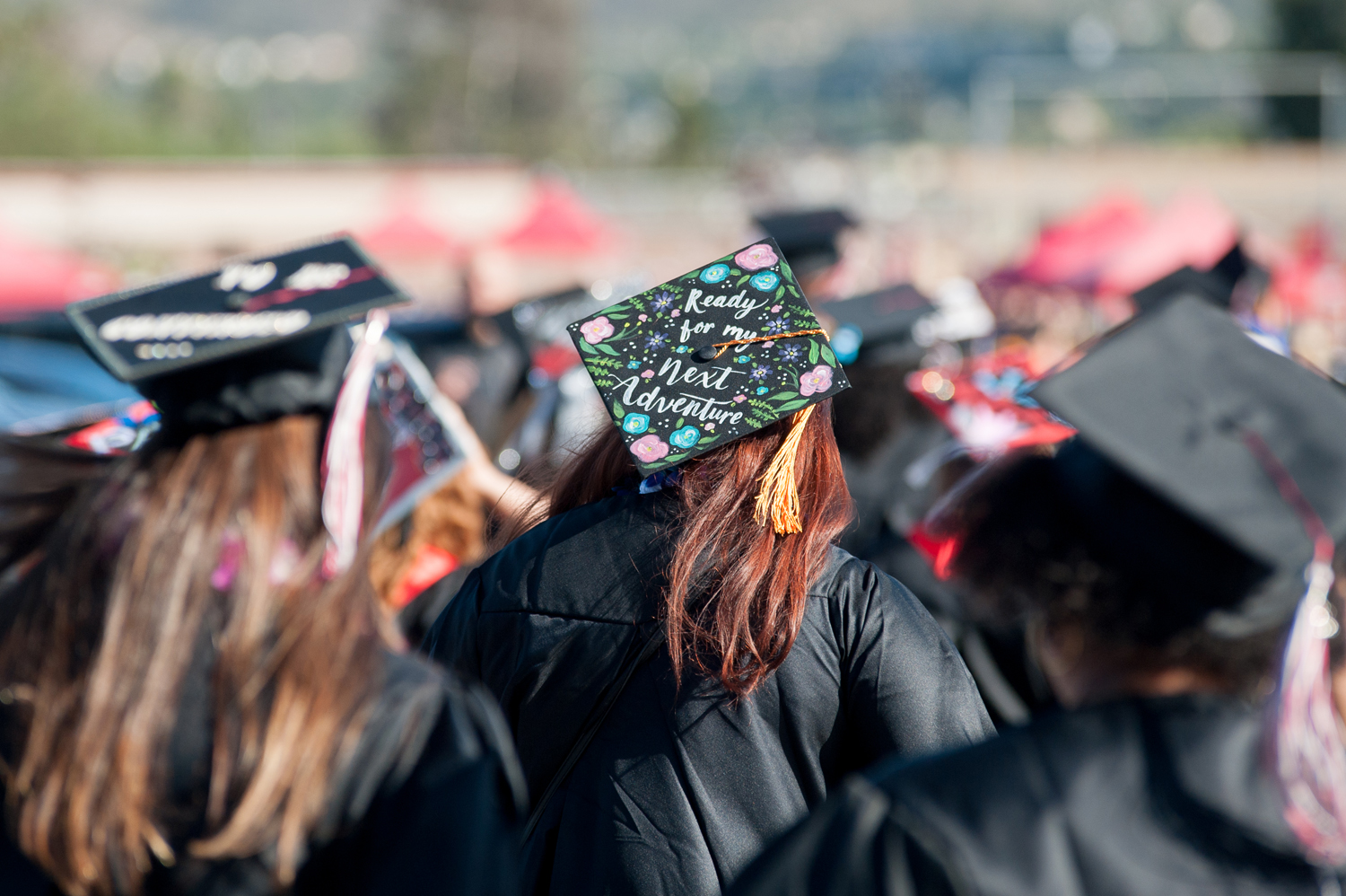 View of grad cap from behind that reads- ready for my next adventure