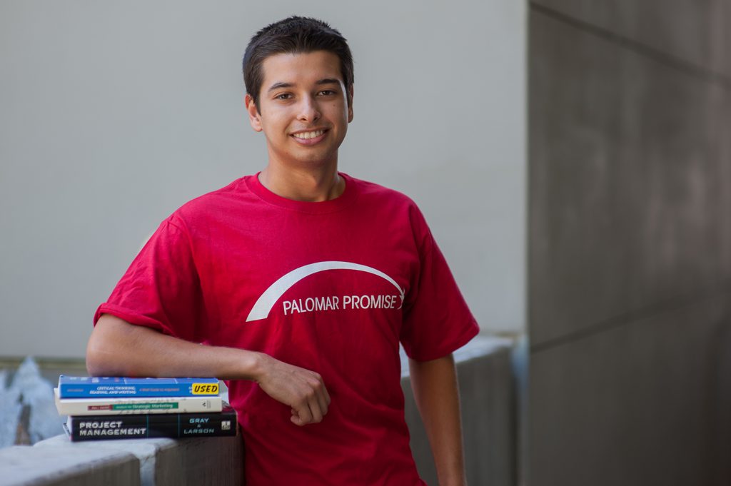 Palomar student Elijah Dierking in a red Palomar Promise shirt