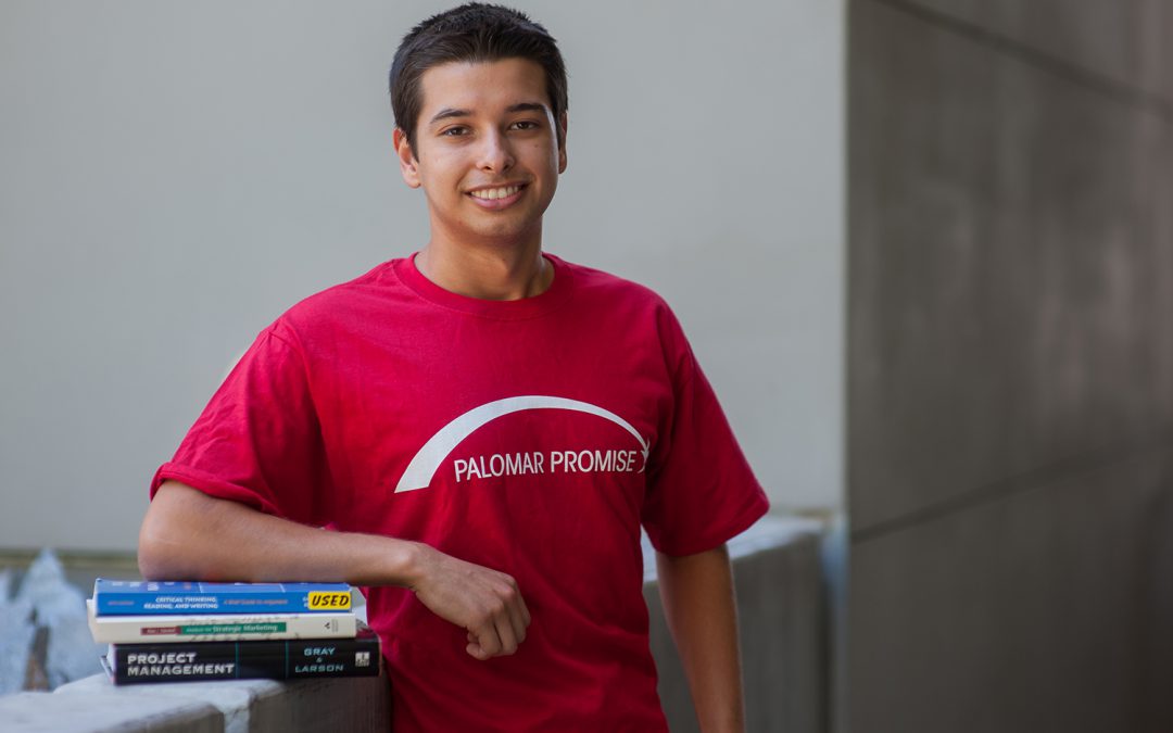 Palomar student Elijah Dierking in a red Palomar Promise shirt