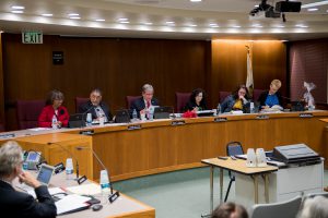 Board members sitting in seats with nameplates at an organizational meeting