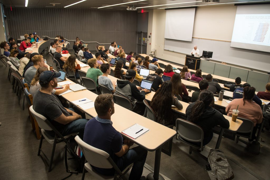 Students listening to a lecture in a classroom