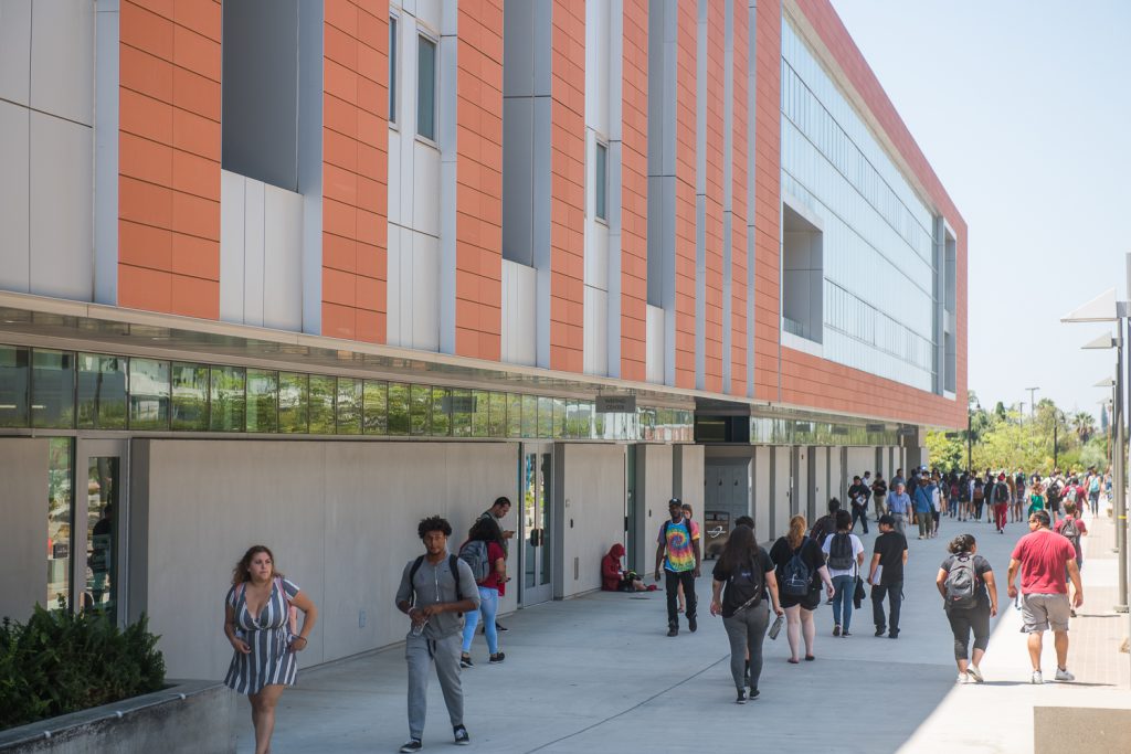 Busy campus filled with students walking to class