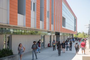 Busy campus filled with students walking to class