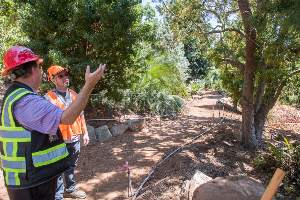 Construction workers in hard hats and vests standing on an arboretum trail
