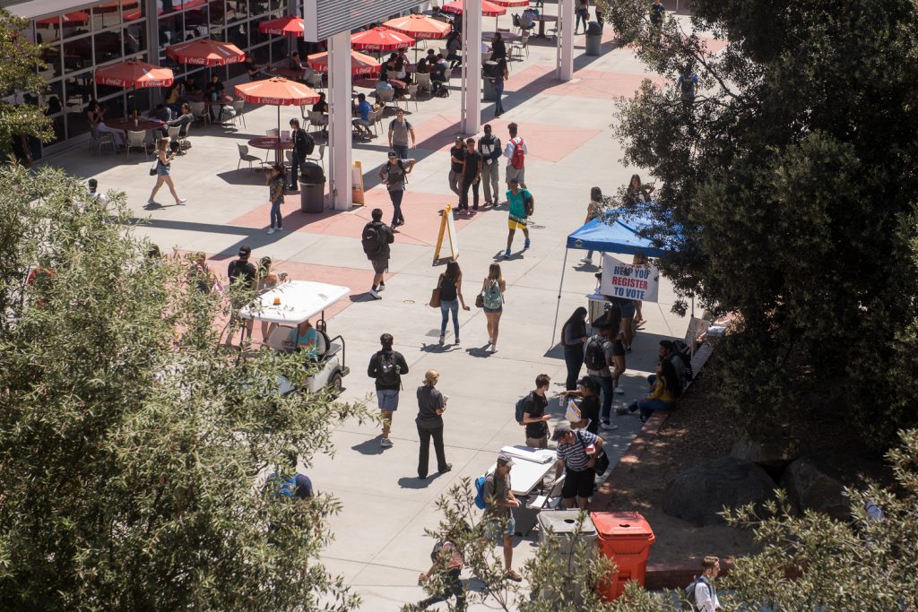 Busy campus with students walking and talking and wearing backpacks
