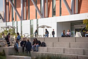 Students hanging out on campus in between classes