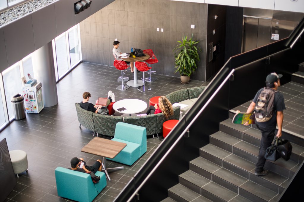 Students inside the LRC building on campus