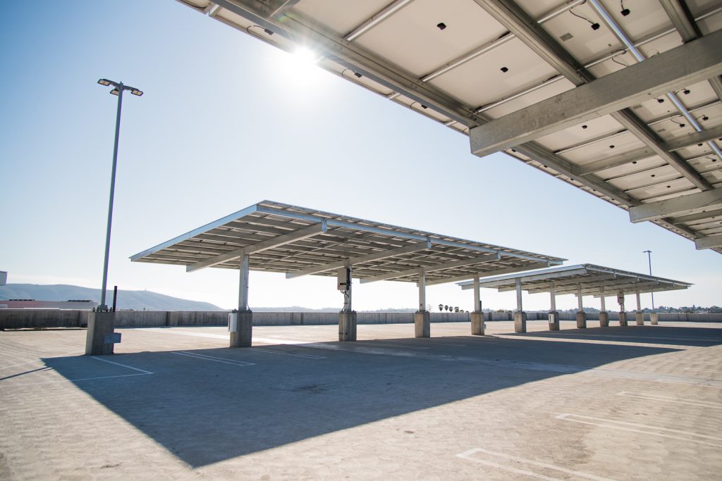 Solar panels in an empty parking lot