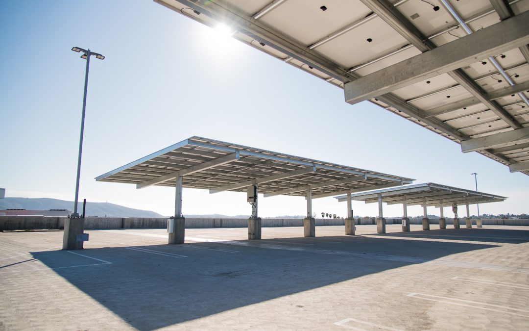 Solar panels in an empty parking lot