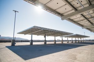 Solar panels in an empty parking lot
