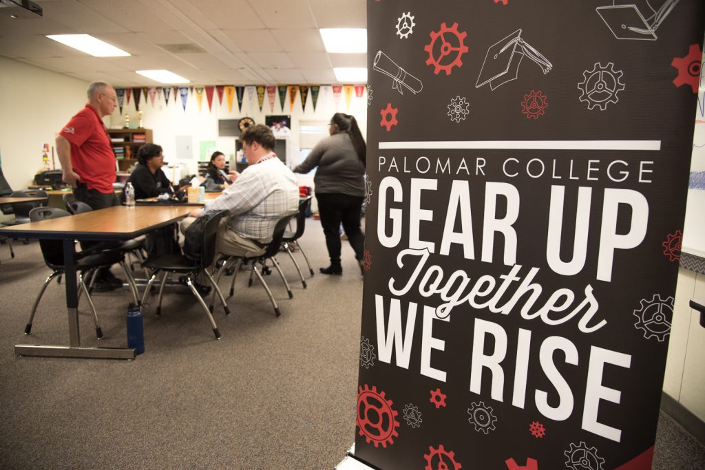 Palomar College Gear Up Together We Rise Banner in a classroom