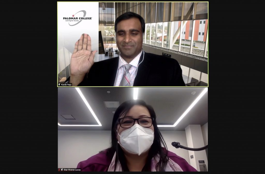 Kartik Raju getting sworn in virtually as the Provisional Trustee to Palomar’s Board
