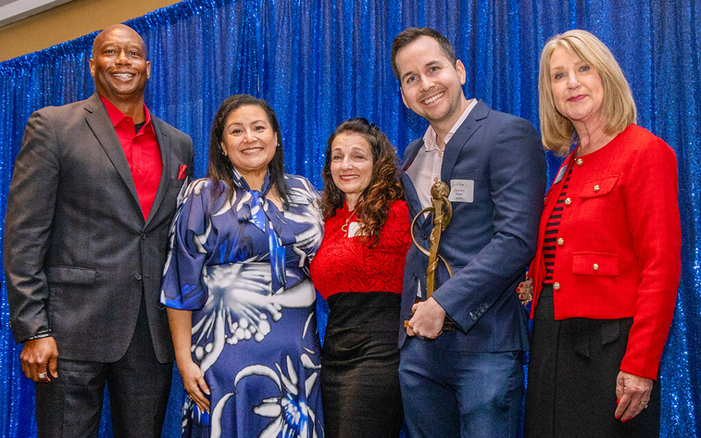 Image of Foundation Board Chair Richard Marks, Superintendent/President Dr. Star Rivera-Lacey, Deborah Rogers, Zachary Rogers and Foundation Executive Director Stacy Rungaitis.