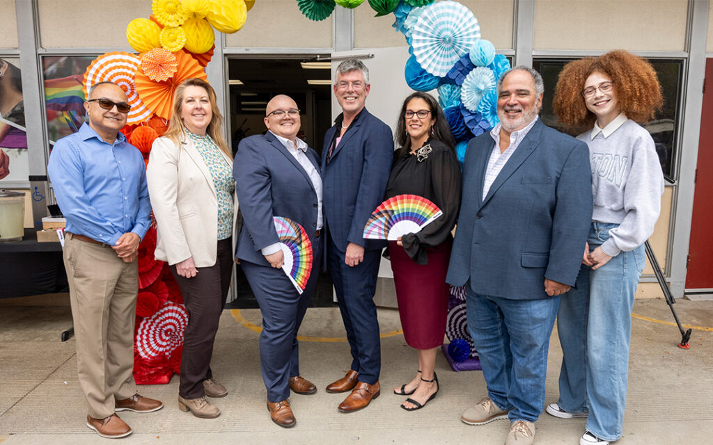 Assistant Superintendent/Vice President Nick Mata, Interim Superintendent/President Dr. Tina Recalde, Pride Center Coordinator Lene Reynolds, Pride Center Faculty Coordinator Dr. Ben Mudgett, Dean Dr. Leslie Salas, Governing Board Trustee Roberto Rodriguez, and Student Trustee Ariel Fridman at the Price Center Opening at Palomar College