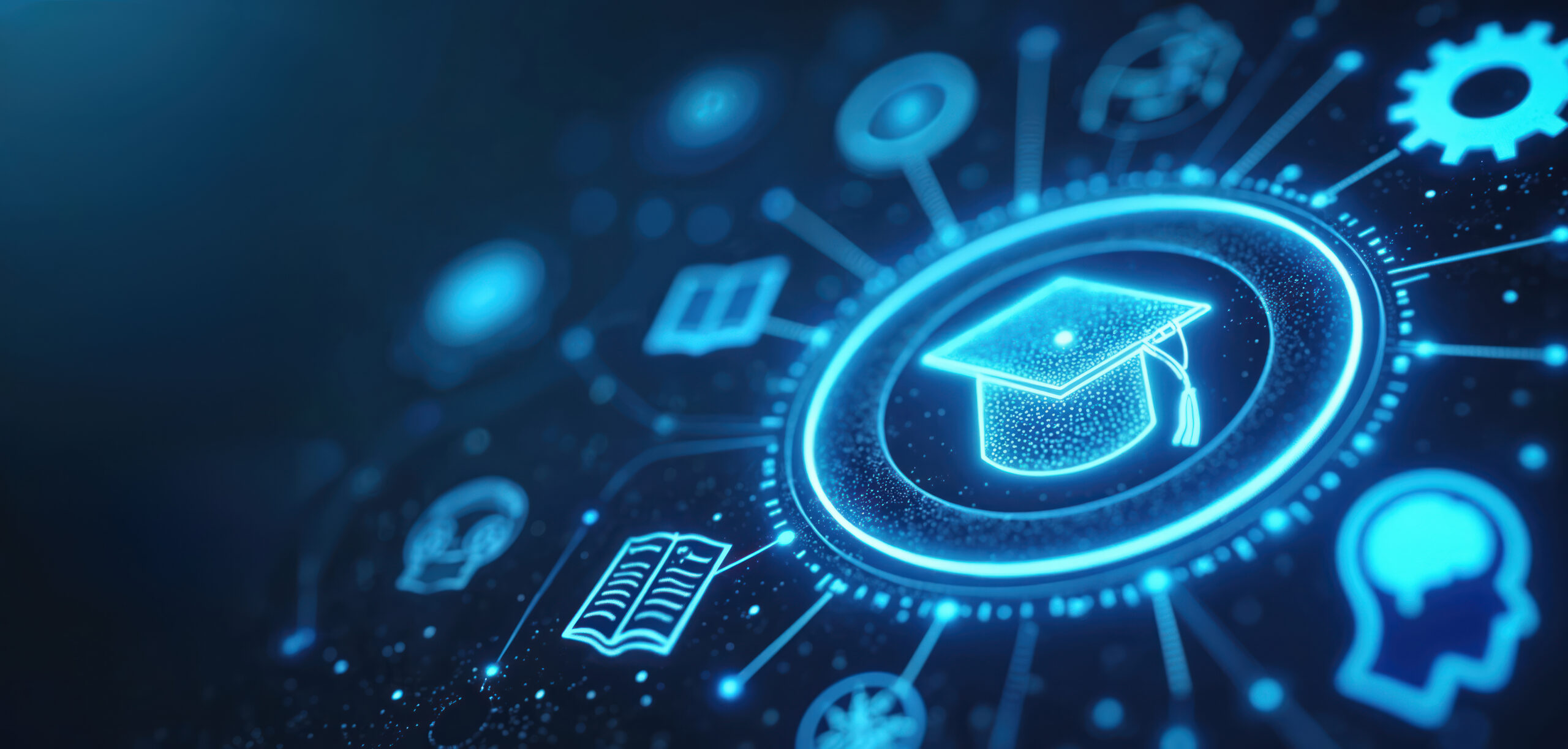 Abstract digital network shows graduation cap learning icons. Futuristic concept for online education.
