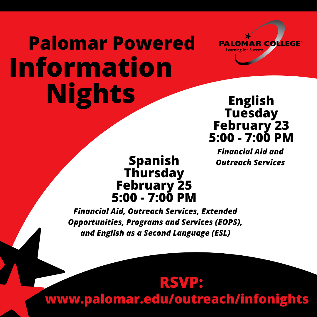 Palomar Powered Night Feb 23 in English or 25 in Spanish