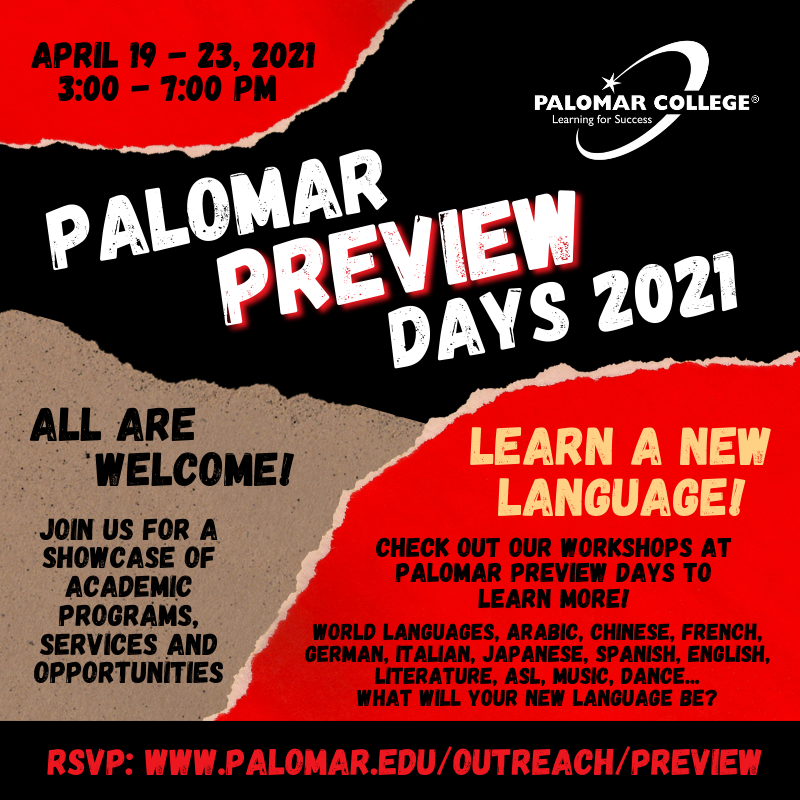 Learn about Languages at Palomar Preview Days - April 19 - 23, 2021