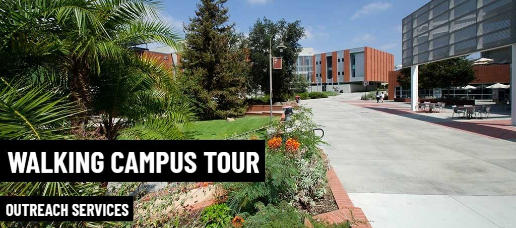 Image of student union walkway with text: Walking campus tour, Outreach Services
