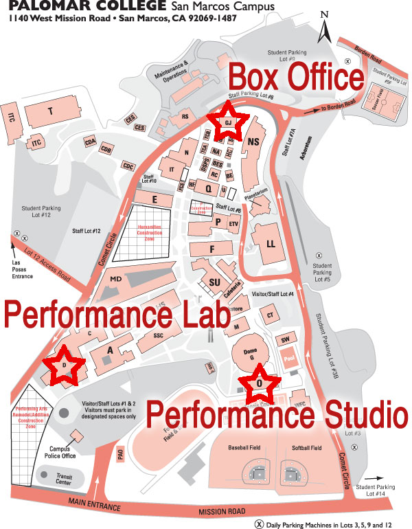 Campus Map Fall 2013 Map of Palomar College’s San Marcos campus showing the Box Office near buildings GJ and NS, the Performance Lab in building D, and the Performance Studio in building O, each marked with a red star.