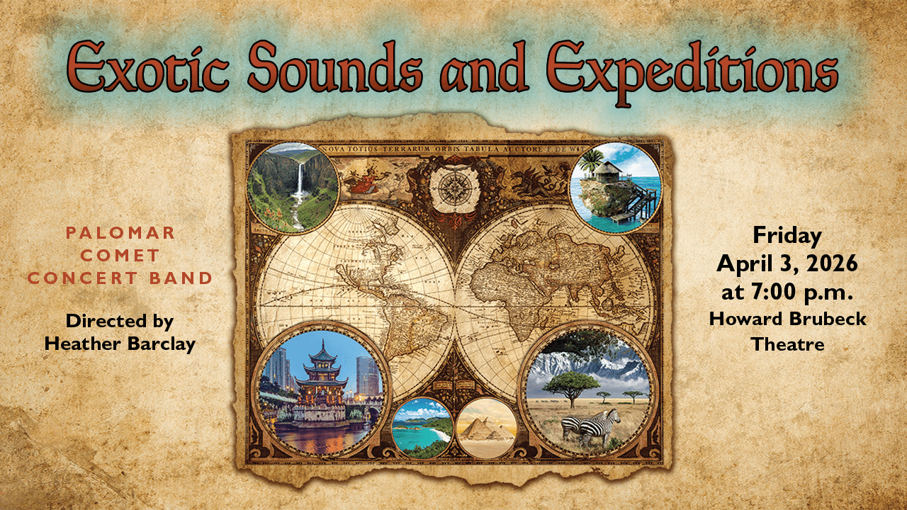 Exotic Sounds and Expeditions 2026 Web Graphic This is the poster for Exotic Sounds and Expeditions. Image discription: An old looking map of the earth appears center with modern photography of different locations of the world surrounding the map.