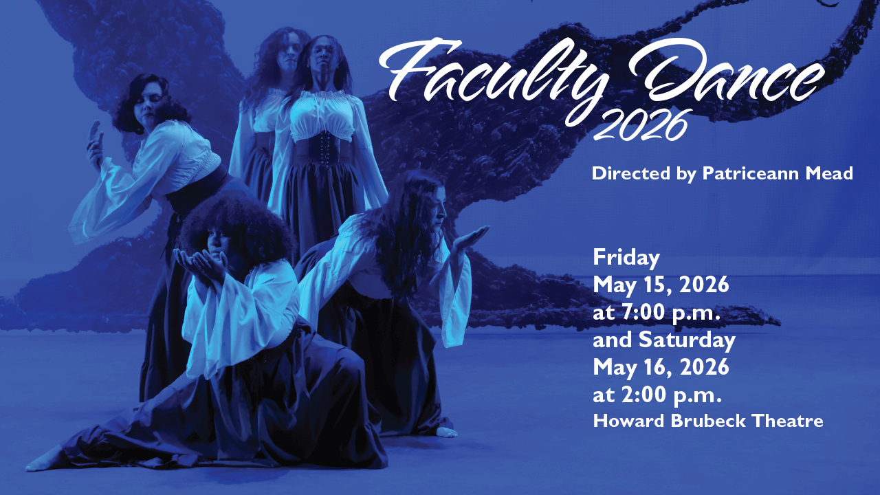 The image is of the past faculty dance production in 2025 of a piece titles "Savage Daughters". Five dancers appear on the image mid choreography.