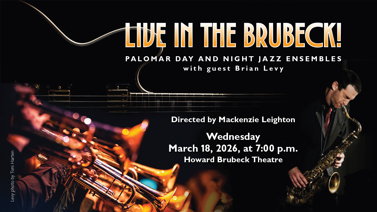 Live in the Brubeck! 2026 Web Graphic This is the poster for the Live in the Brubeck! Image description: A line of Trumpets being played by an orchestra. Also, the picture of guest artist Brian Levy playing a saxaphone on the far right is featured.