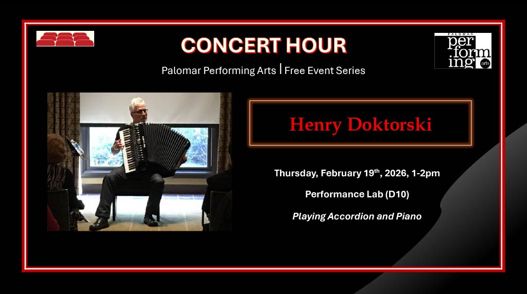 Henry Doktorski Thursday, February 19th, 2026, 1-2pm Performance Lab (D10) Playing Accordion and Piano, Image of Henry Doktorski to the left playing the accordian